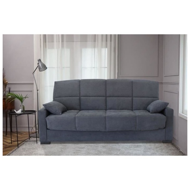 Canapé clic clac 3 places Megan - Tissu gris - Matelas 14 cm - 130 x