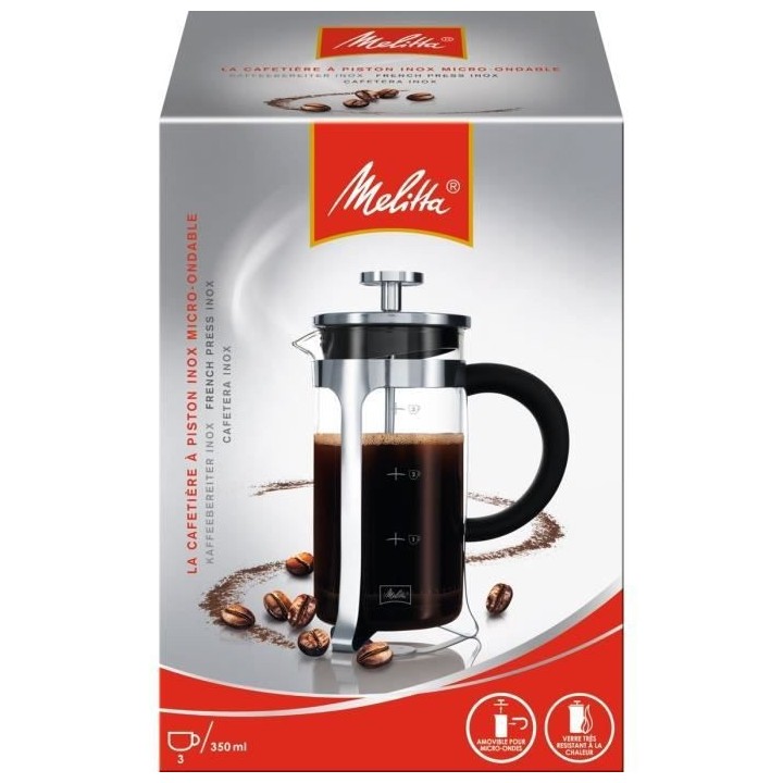 MELITTA Cafetiere a piston Micro-Ondable Premium en verre et inox 3 ta