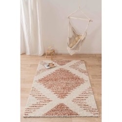 NAZAR Tapis de salon Shaggy longues meches style Berbere OIA- 120 x 160 cm - Blanc et terracotta