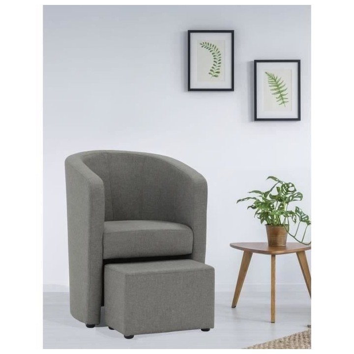 NUNO Fauteuil cabriolet + pouf en tissu gris - L 59 x P 63 x H 77 cm