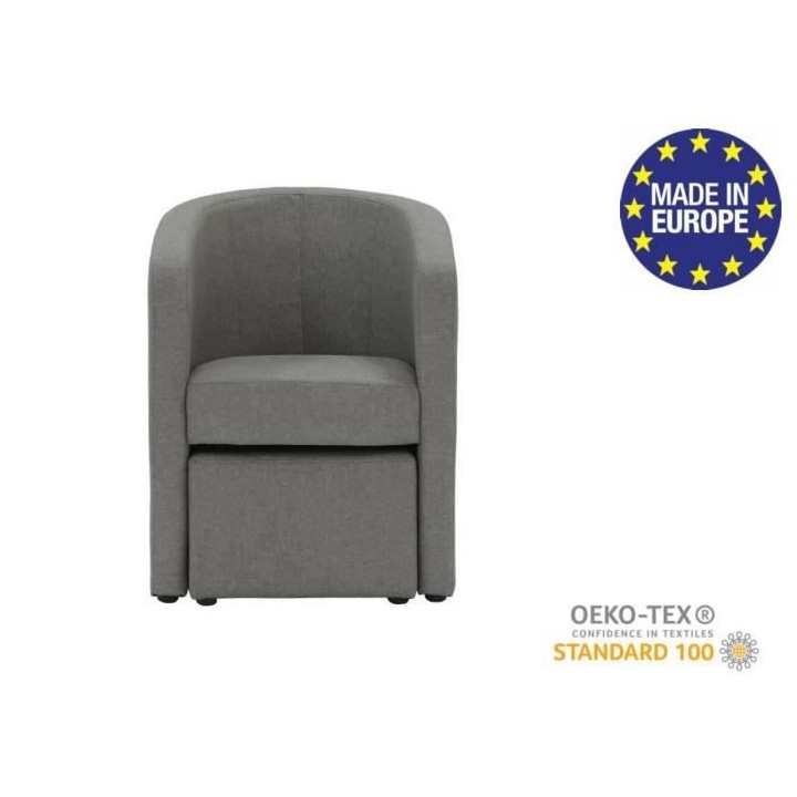 NUNO Fauteuil cabriolet + pouf en tissu gris - L 59 x P 63 x H 77 cm