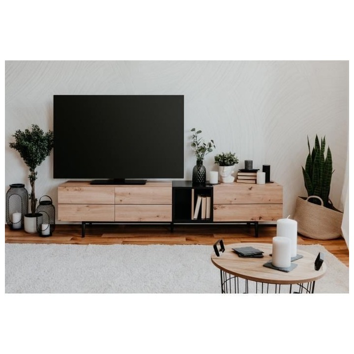 Meuble TV 3 abattants - Décor chene et noir - L 195 x P 37 x H 48 cm