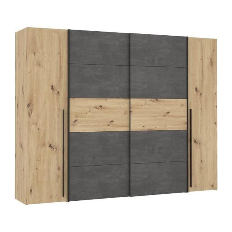 Armoire - Décor chene artisan et béton gris - 2 portes battantes + 2 portes coulissantes - L 270,3 x P 61,2 x H 210 cm - NARAG