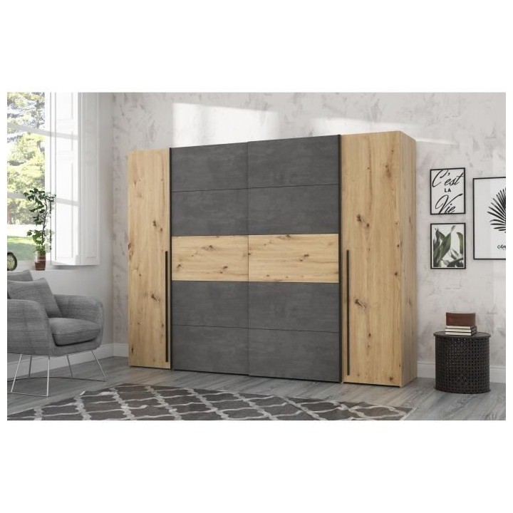 Armoire - Décor chene artisan et béton gris - 2 portes battantes + 2