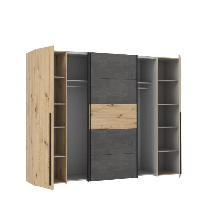 Armoire - Décor chene artisan et béton gris - 2 portes battantes + 2