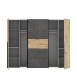 Armoire - Décor chene artisan et béton gris - 2 portes battantes + 2 portes coulissantes - L 270,3 x P 61,2 x H 210 cm - NARAG