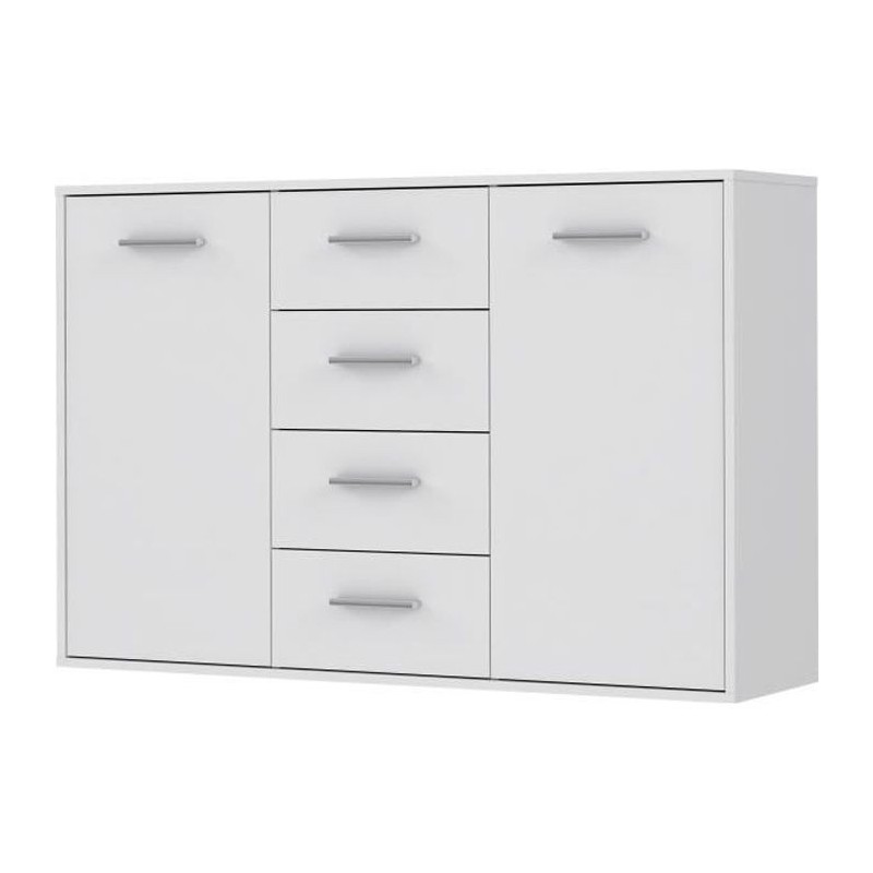 Buffet bas PILVI - 2 portes et 4 tiroirs - Blanc mat - L 122,6 x P 34,2 x H 81,1 cm