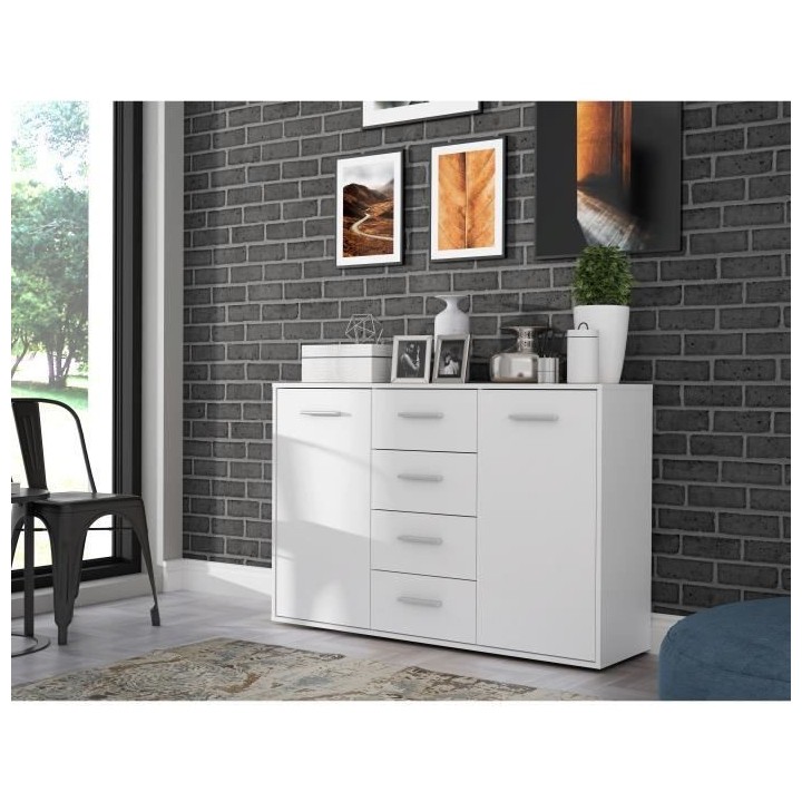 Buffet bas PILVI - 2 portes et 4 tiroirs - Blanc mat - L 122,6 x P 34,