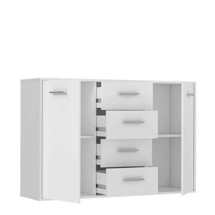 Buffet bas PILVI - 2 portes et 4 tiroirs - Blanc mat - L 122,6 x P 34,