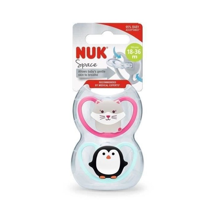 Nuk Sucette Physiologique Silicone +18m Chat Pingouin Lot de 2
