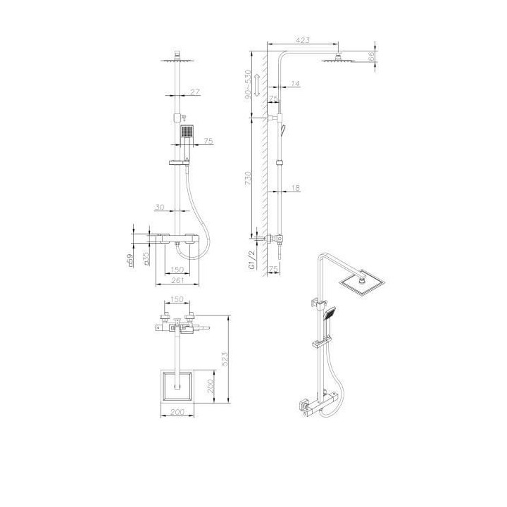 Colonne de douche OCEANIC - Mitigeur thermostatique - Pomme haute carr
