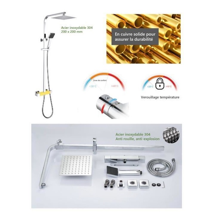 Colonne de douche OCEANIC - Mitigeur thermostatique - Pomme haute carr