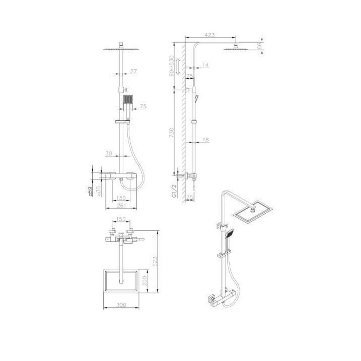 Colonne de douche OCEANIC - Mitigeur thermostatique - Pomme haute rect