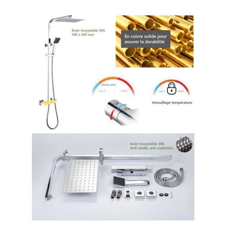 Colonne de douche OCEANIC - Mitigeur thermostatique - Pomme haute rect