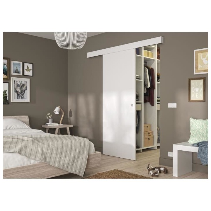 OPTIMUM - Kit porte coulissante blanc + rail + bandeau Blanc - H 204 x