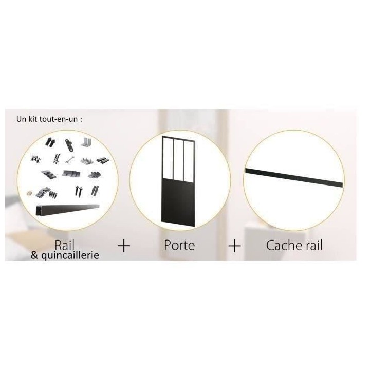 OPTIMUM - Kit porte coulissante + rail + bandeau Atelier - H 204 x L 9