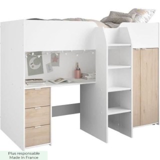 Lit combiné mezzanine enfant - Décor blanc et chene - Sommier inclus