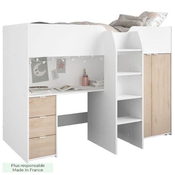 Lit combiné mezzanine enfant - Décor blanc et chene - Sommier inclus