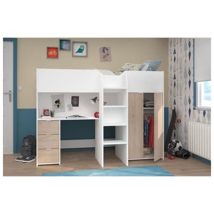Lit combiné mezzanine enfant - Décor blanc et chene - Sommier inclus