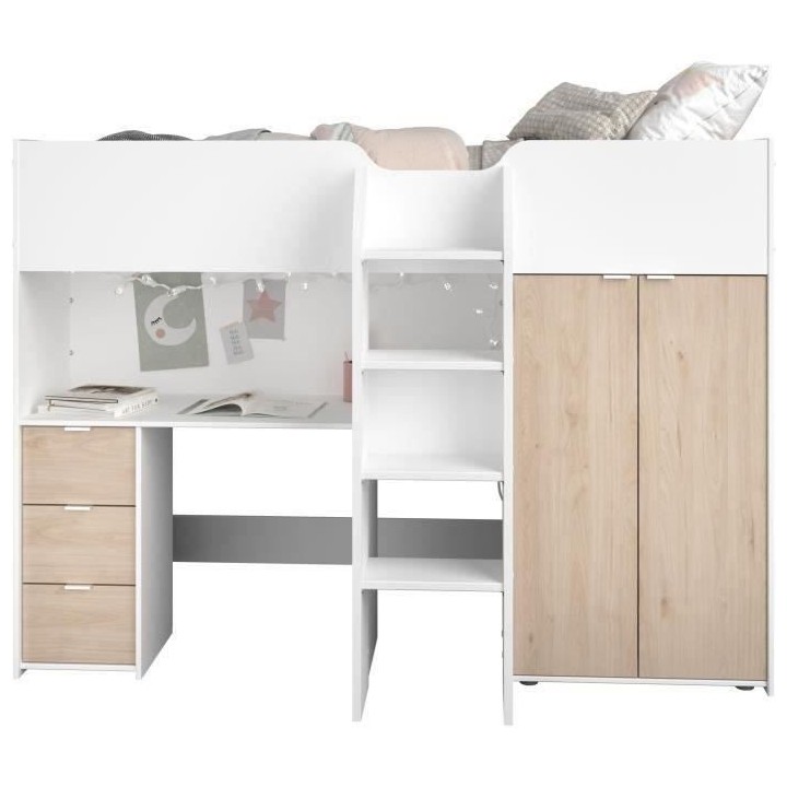 Lit combiné mezzanine enfant - Décor blanc et chene - Sommier inclus