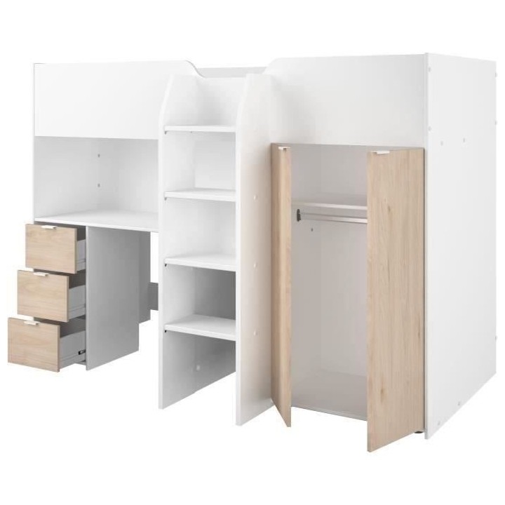 Lit combiné mezzanine enfant - Décor blanc et chene - Sommier inclus