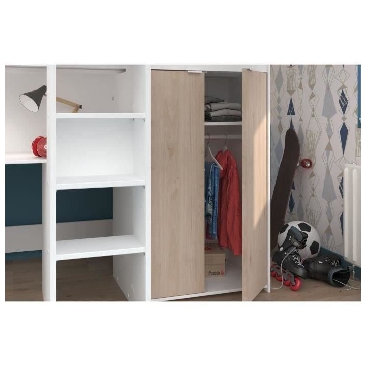 Lit combiné mezzanine enfant - Décor blanc et chene - Sommier inclus