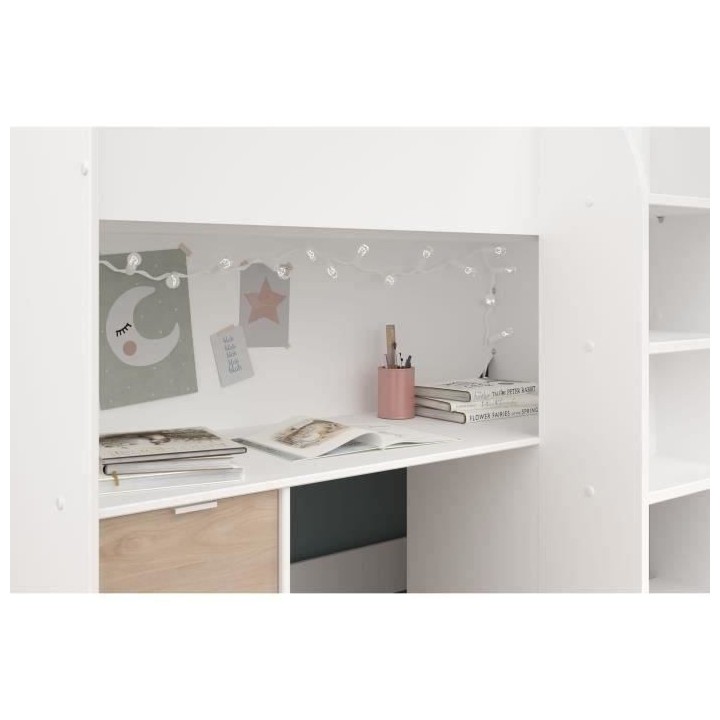 Lit combiné mezzanine enfant - Décor blanc et chene - Sommier inclus