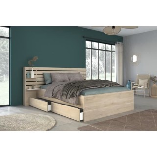 Lit adulte ESCALE 140x190 cm - Tete de lit + 2 tiroirs - Décor chene
