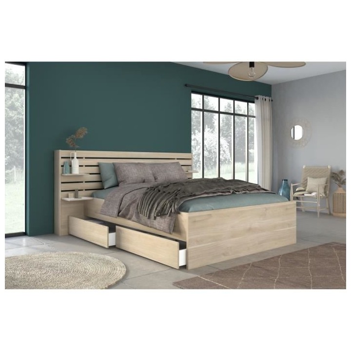 Lit adulte ESCALE 140x190 cm - Tete de lit + 2 tiroirs - Décor chene