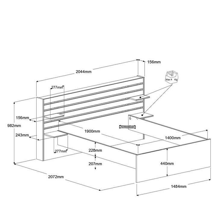 Lit adulte ESCALE 140x190 cm - Tete de lit + 2 tiroirs - Décor chene