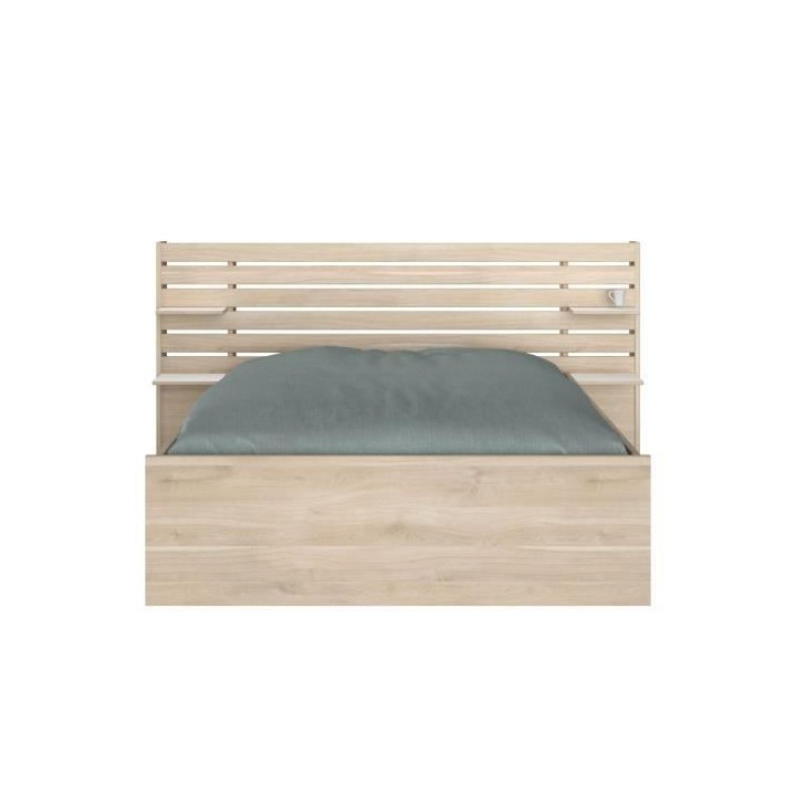 Lit adulte ESCALE 140x190 cm - Tete de lit + 2 tiroirs - Décor chene