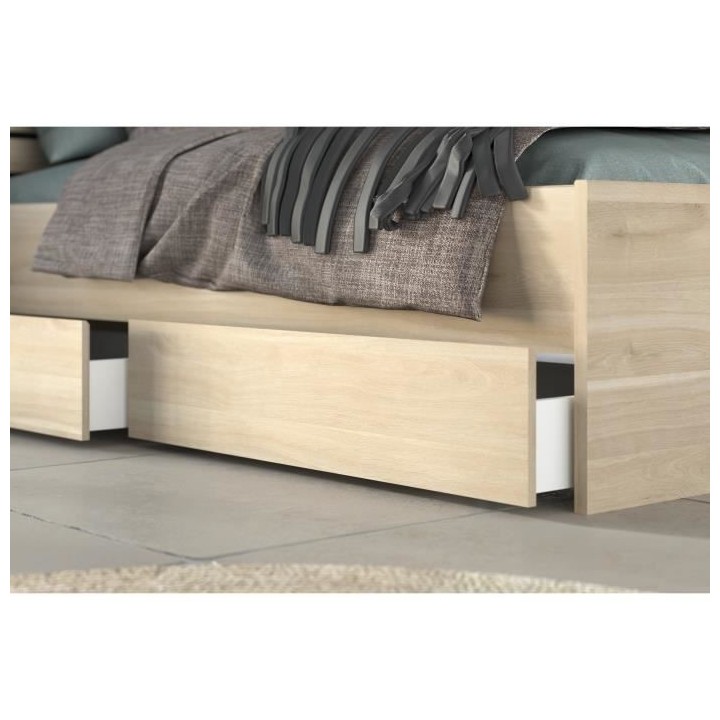 Lit adulte ESCALE 140x190 cm - Tete de lit + 2 tiroirs - Décor chene