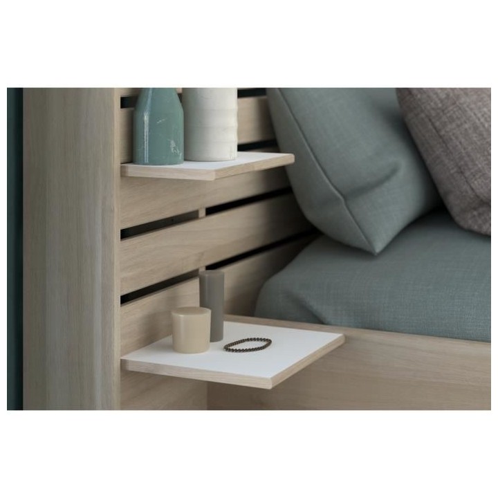 Lit adulte ESCALE 140x190 cm - Tete de lit + 2 tiroirs - Décor chene