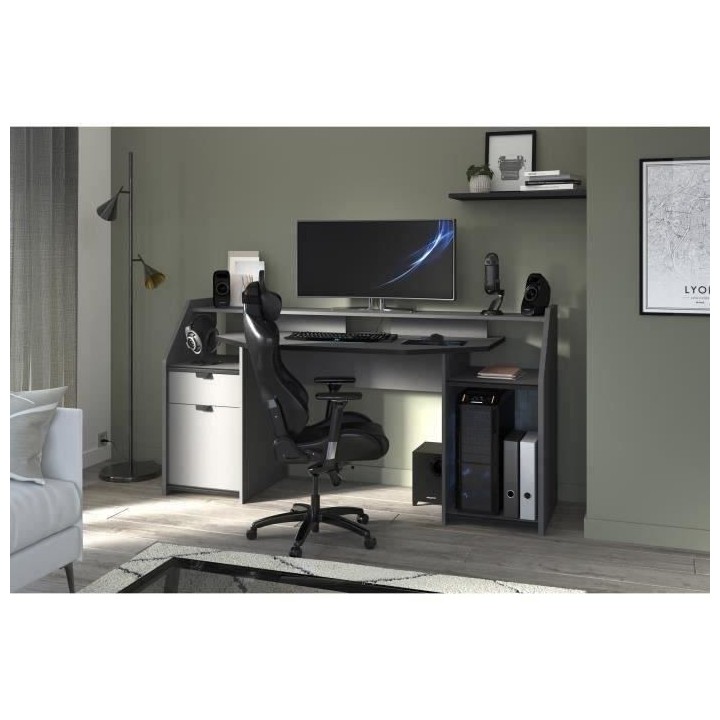 Bureau gamer Gaming - Panneaux de particules - Gris ombre et noir - L