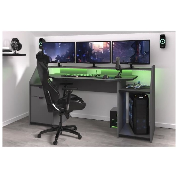 Bureau gamer Gaming - Panneaux de particules - Gris ombre et noir - L