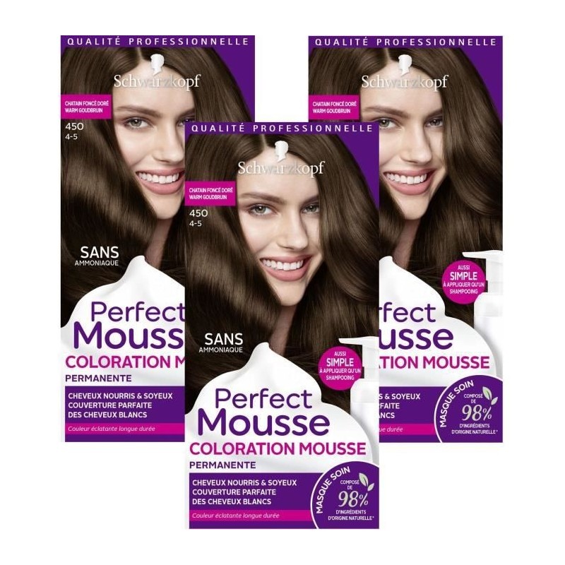 SCHWARZKOPF Perfect Mousse - Coloration Cheveux - Mousse permanente sans Ammoniaque - Châtain Foncé Doré 450 - Lot de 3