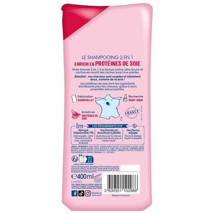 Shampooing Dop Cheveux tres secs Tres doux 2-en-1 Soie 400 ml x12