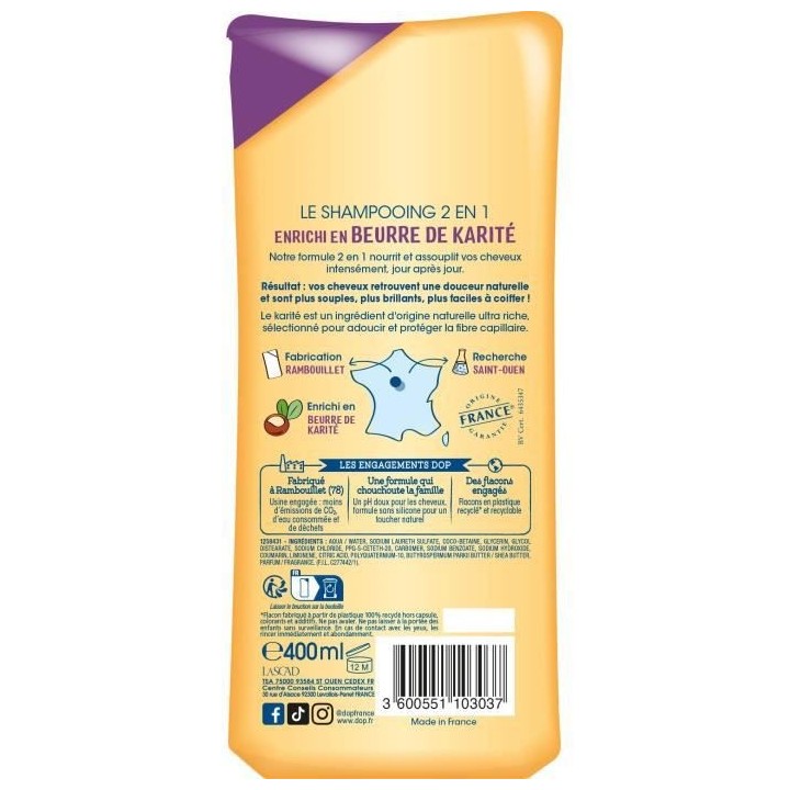 Shampooing Dop Cheveux tres secs Tres doux 2-en-1 Karité 400 ml x12