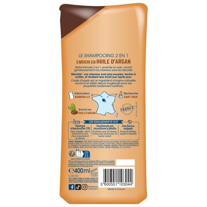 Shampooing Dop Cheveux secs ou frisés Tres doux 2-en-1 Huile d'Argan