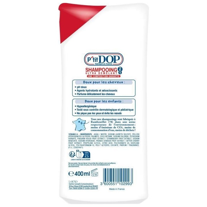 Shampooing Dop P'tit Dop Ultra Démelant Fraise-Cerise 400 ml x12