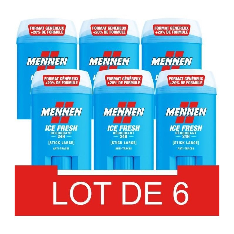 MENNEN Ice Fresh Déodorant homme 24H - Stick large sans alcool anti traces - 60 ml x6