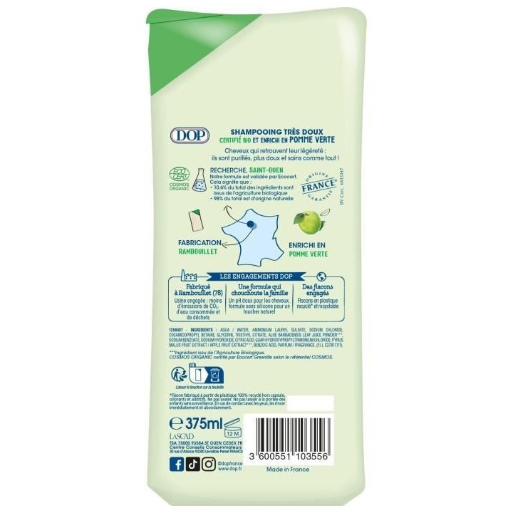 Shampooing Dop Cheveux gras Tres doux Pomme Verte Bio 375 ml x12