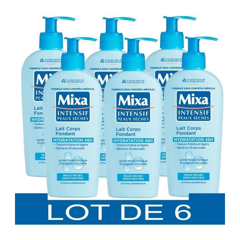 MIXA Intensif Lait corps fondant hydratation 48h - Peaux seches - 250 ml x6