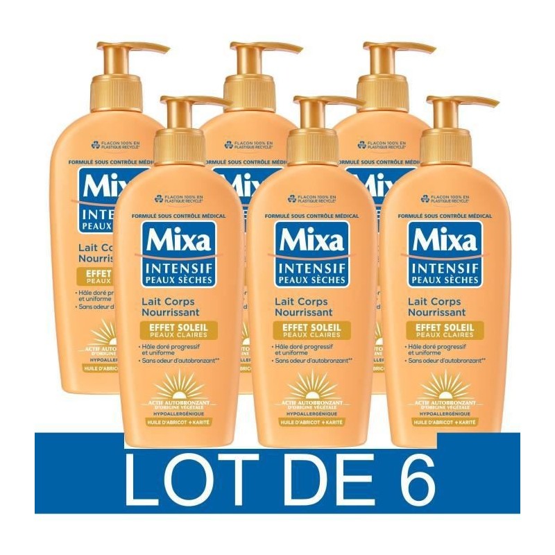 Lait corps autobronzant peaux claires - MIXA - Intensif - Peaux seches - 250 ml x6