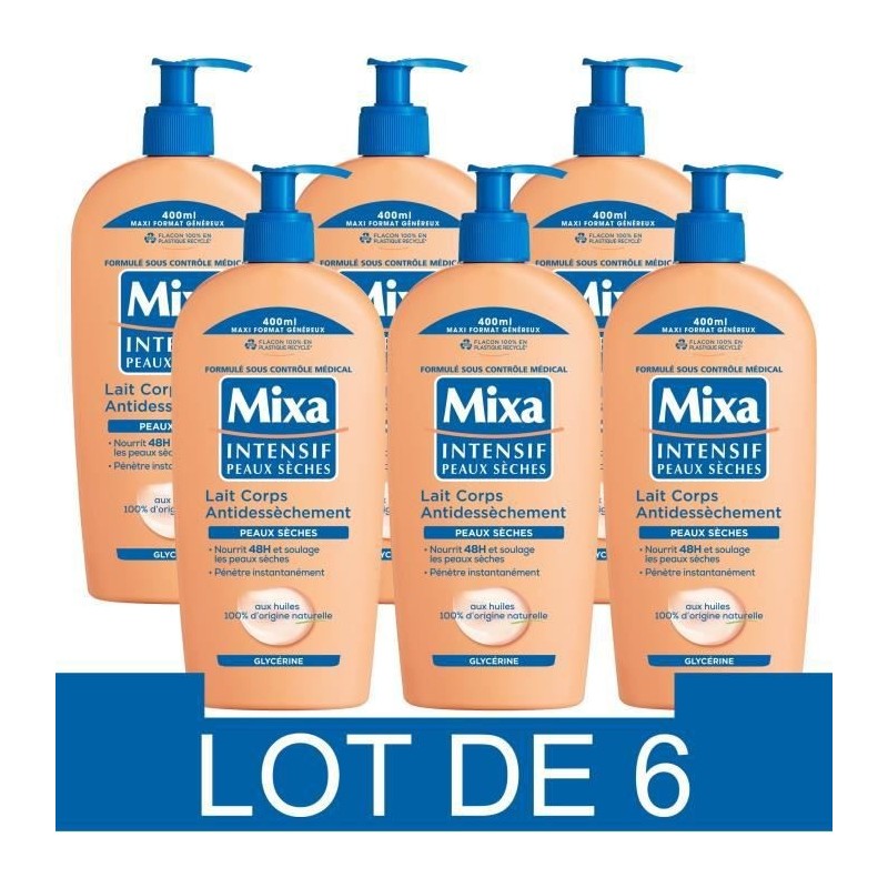 Lait corps antidessechement - MIXA - Intensif - Peaux seches - 400 ml x6