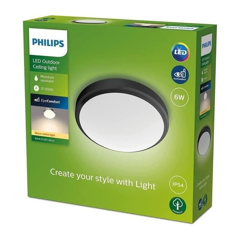 PHILIPS Plafonnier DORIS - 6W - 2700 Kelvin - IP54 - Noir