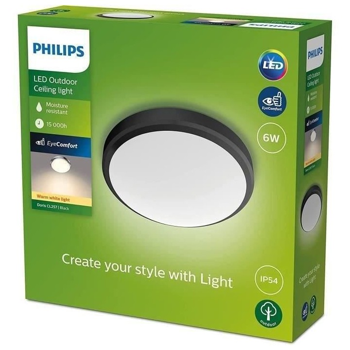 PHILIPS Plafonnier DORIS - 6W - 2700 Kelvin - IP54 - Noir