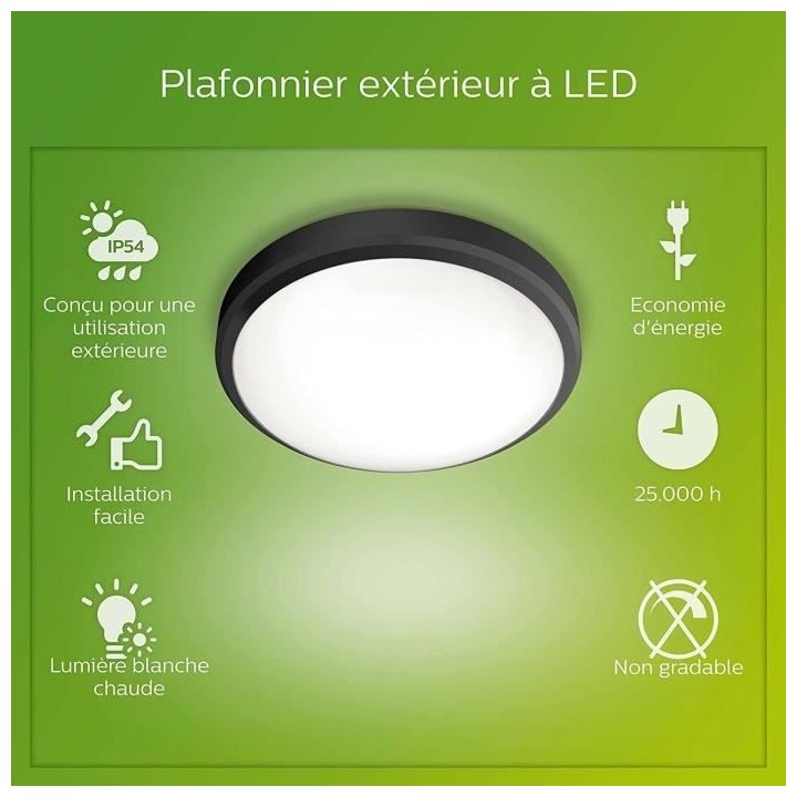 PHILIPS Plafonnier DORIS - 6W - 2700 Kelvin - IP54 - Noir