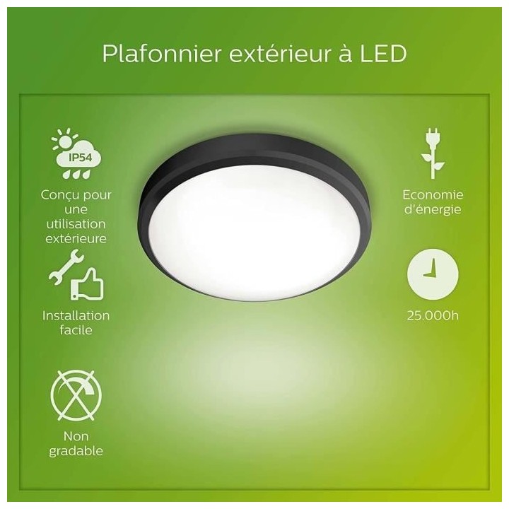 PHILIPS Plafonnier DORIS - 6W - 4000 Kelvin - IP54 - Noir