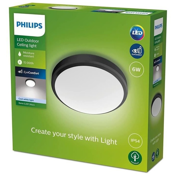 PHILIPS Plafonnier DORIS - 6W - 4000 Kelvin - IP54 - Noir